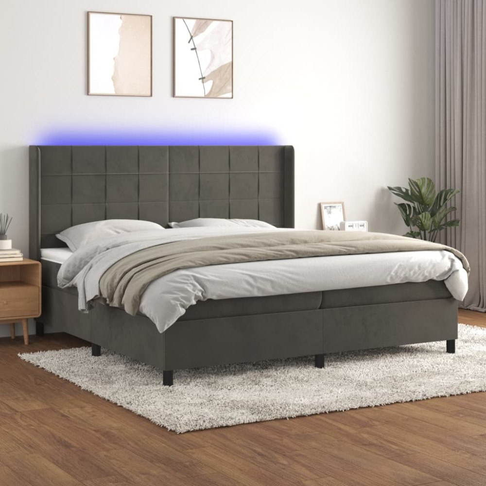 Produktbild för Ramsäng med madrass & LED mörkgrå 200x200 cm sammet