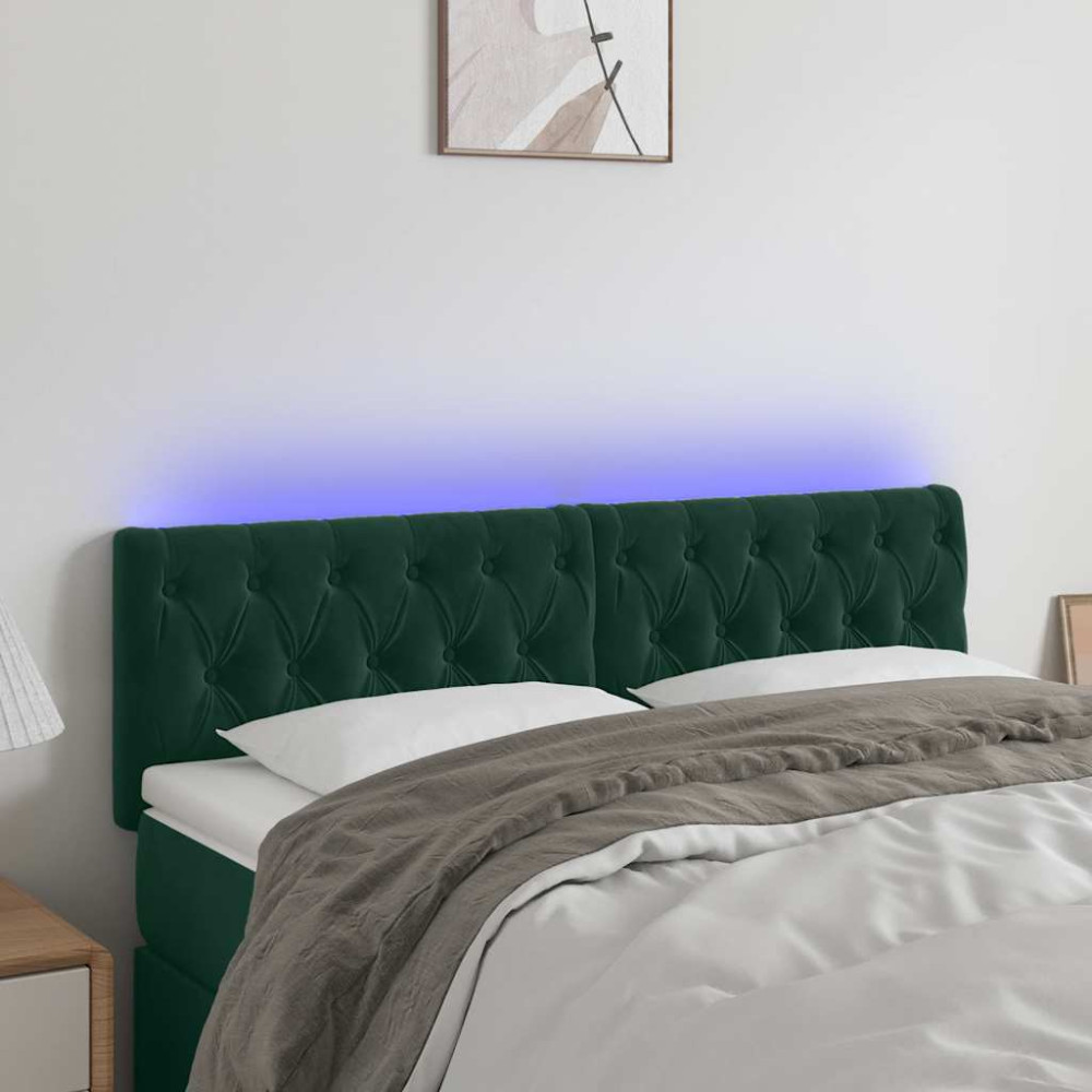 Produktbild för Sänggavel LED mörkgrön 144x7x78/88 cm sammet