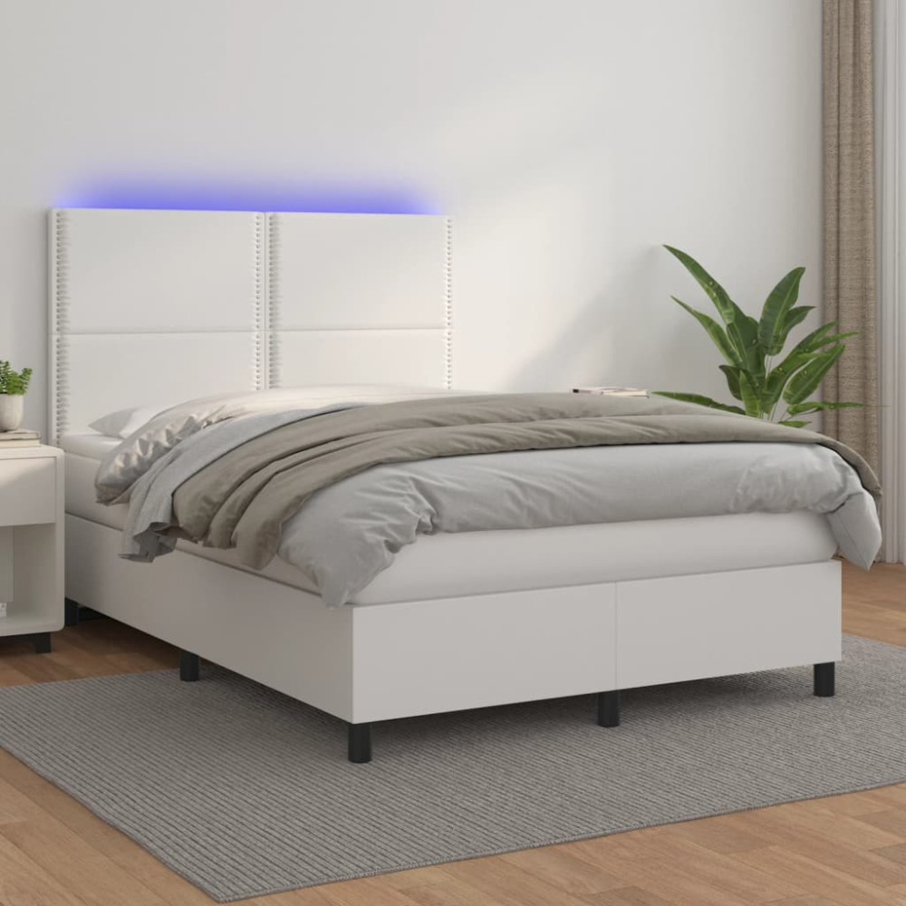 Produktbild för Ramsäng med madrass & LED vit 140x200 cm konstläder