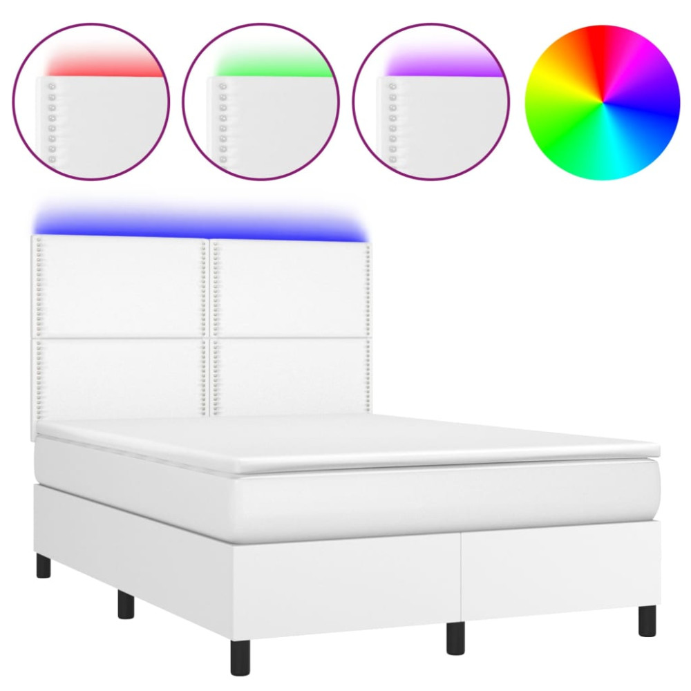 Produktbild för Ramsäng med madrass & LED vit 140x200 cm konstläder