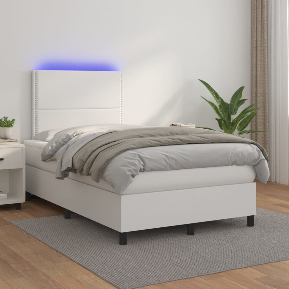 Produktbild för Ramsäng med madrass & LED vit 120x200 cm konstläder
