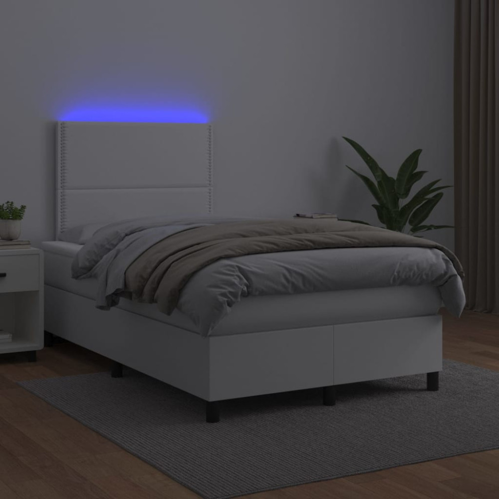 Produktbild för Ramsäng med madrass & LED vit 120x200 cm konstläder