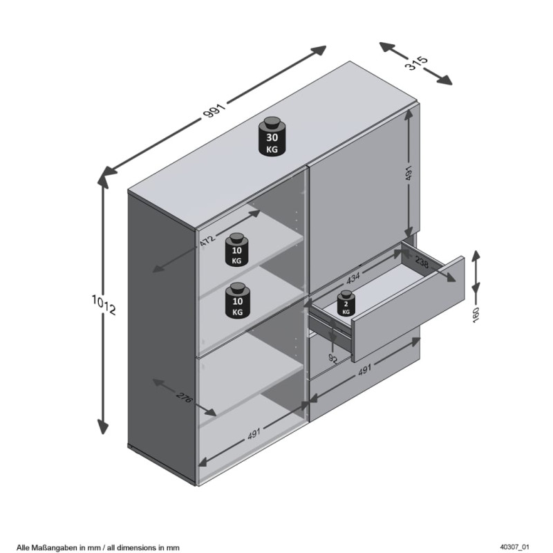 Produktbild för FMD Skåp med 3 lådor och 3 dörrar 99x31,5x101,2 cm blå