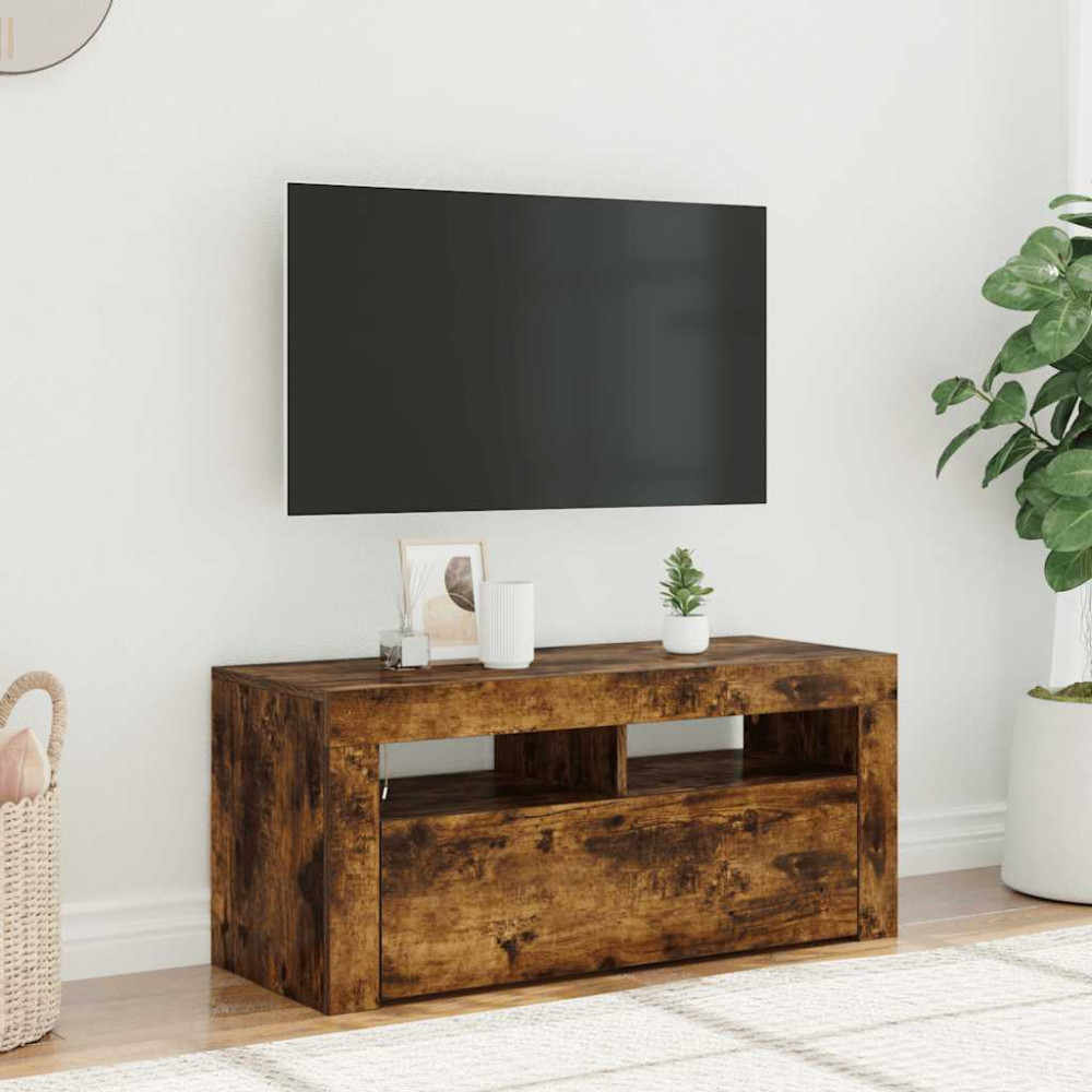 Produktbild för Tv-bänk med LED-belysning rökfärgad ek 90x35x40 cm