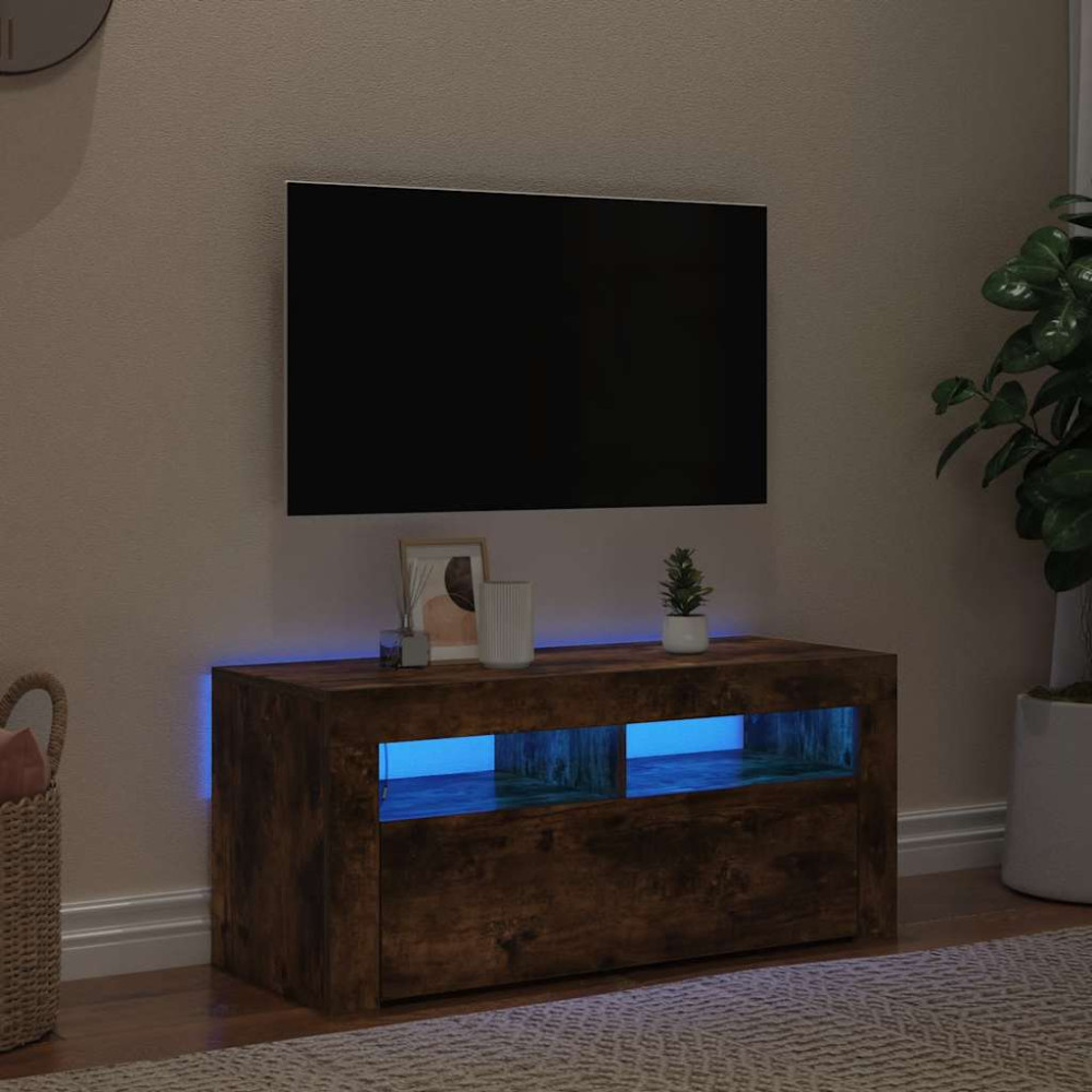 Produktbild för Tv-bänk med LED-belysning rökfärgad ek 90x35x40 cm