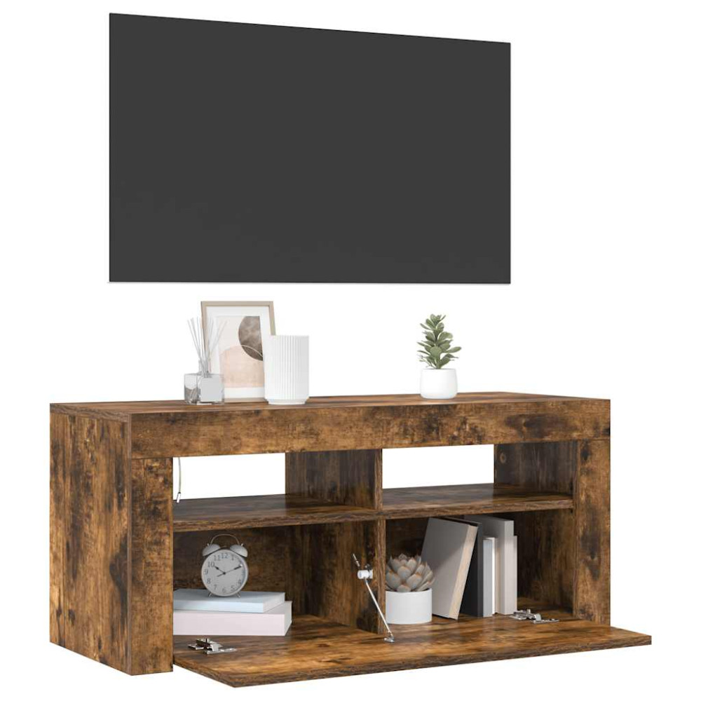 Produktbild för Tv-bänk med LED-belysning rökfärgad ek 90x35x40 cm