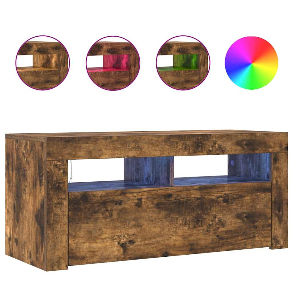 Produktbild för Tv-bänk med LED-belysning rökfärgad ek 90x35x40 cm