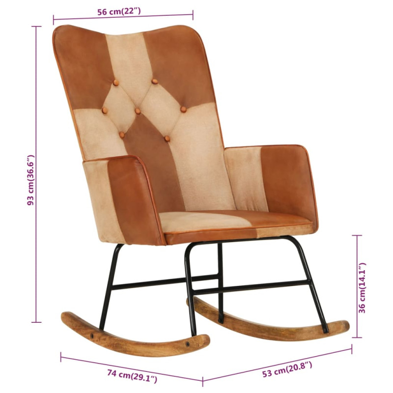 Produktbild för Gungfåtölj brun äkta läder och kanvas