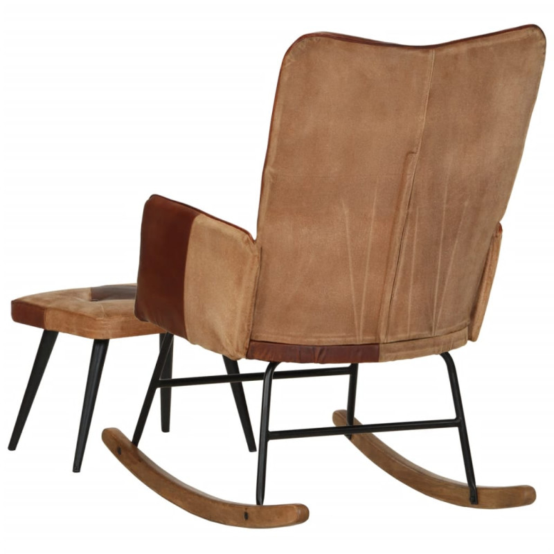 Produktbild för Gungstol med fotpall brun äkta läder och kanvas