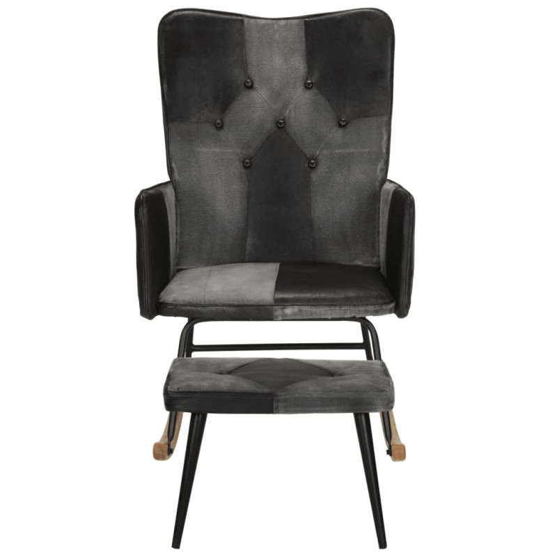 Produktbild för Gungstol med fotpall svart äkta läder och kanvas