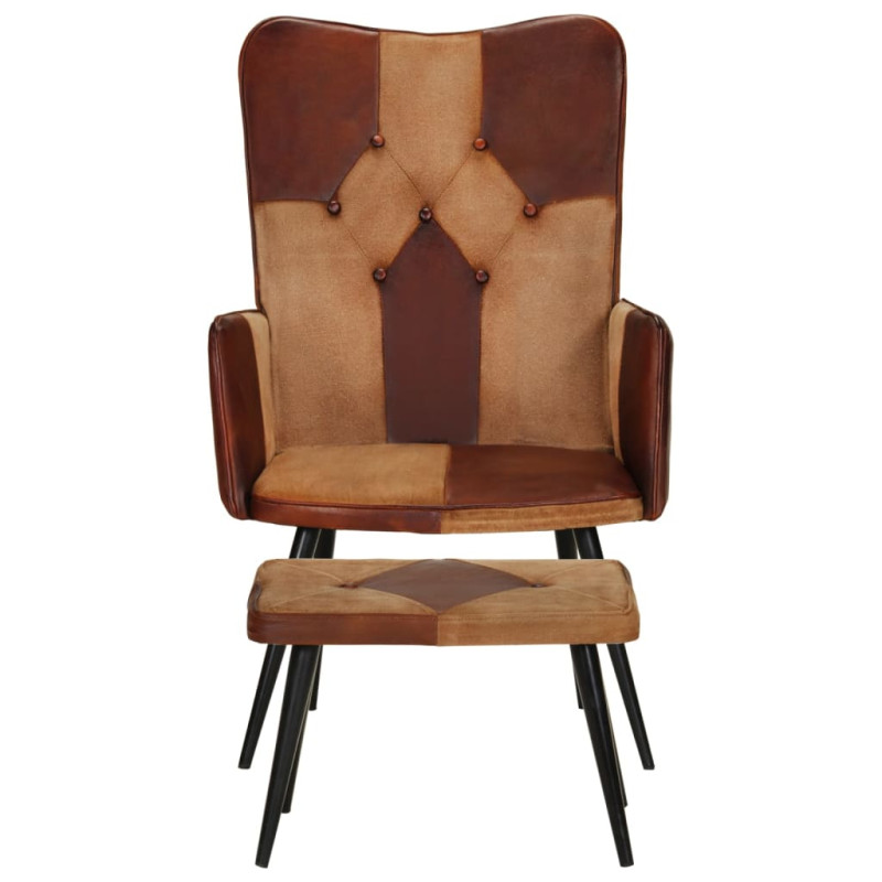 Produktbild för Fåtölj med fotpall brun äkta läder och kanvas