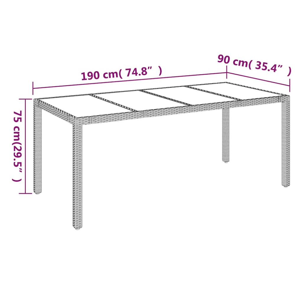Produktbild för Trädgårdsbord med glasskiva grå 190x90x75 cm konstrotting