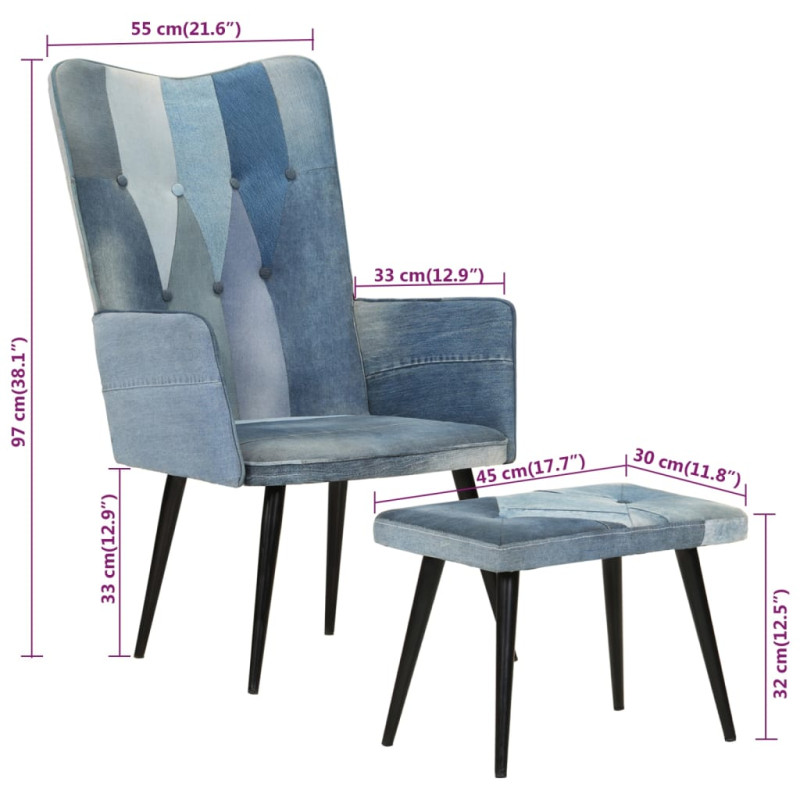 Produktbild för Fåtölj med fotpall blå denim lappmönster kanvas