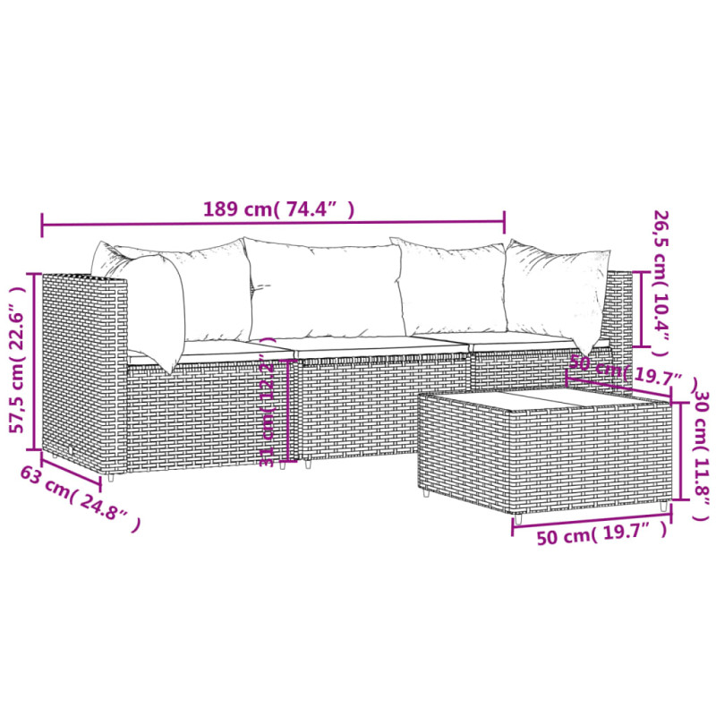 Produktbild för Loungegrupp med dynor 4 delar konstrotting grå