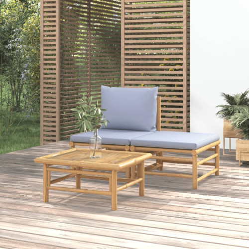 vidaXL Loungegrupp för trädgården 3 delar ljusgråa dynor bambu