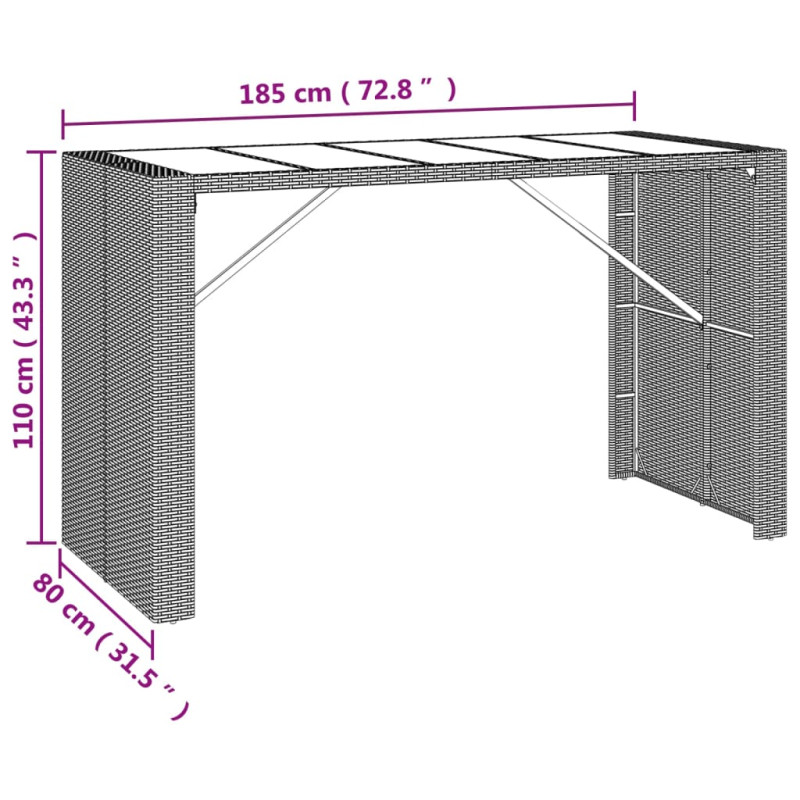 Produktbild för Barbord med glasskiva grå 185x80x110 cm konstrotting