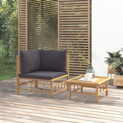 vidaXL Loungegrupp för trädgården 2 delar mörkgråa dynor bambu