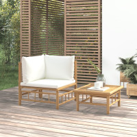 Produktbild för Loungegrupp för trädgården med gräddvita dynor 2 delar bambu