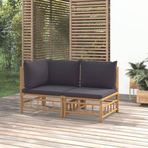 vidaXL Loungegrupp för trädgården 2 delar mörkgråa dynor bambu