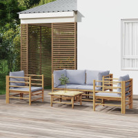 Miniatyr av produktbild för Loungegrupp för trädgården 5 delar ljusgråa dynor bambu