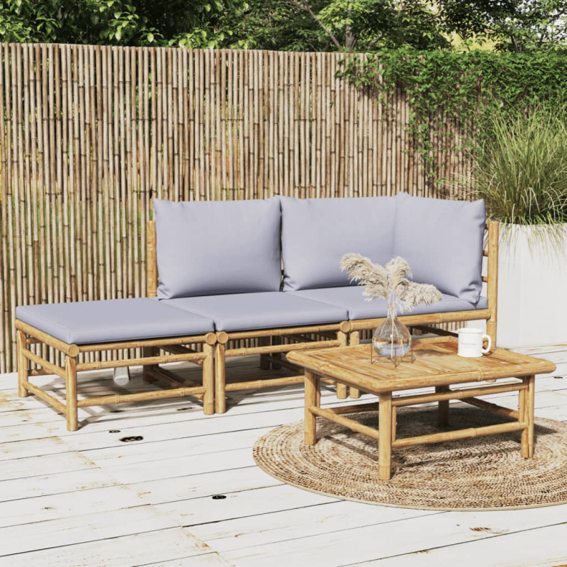 Produktbild för Loungegrupp för trädgården 3 delar ljusgråa dynor bambu