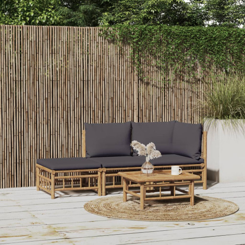 vidaXL Loungegrupp för trädgården 3 delar mörkgråa dynor bambu