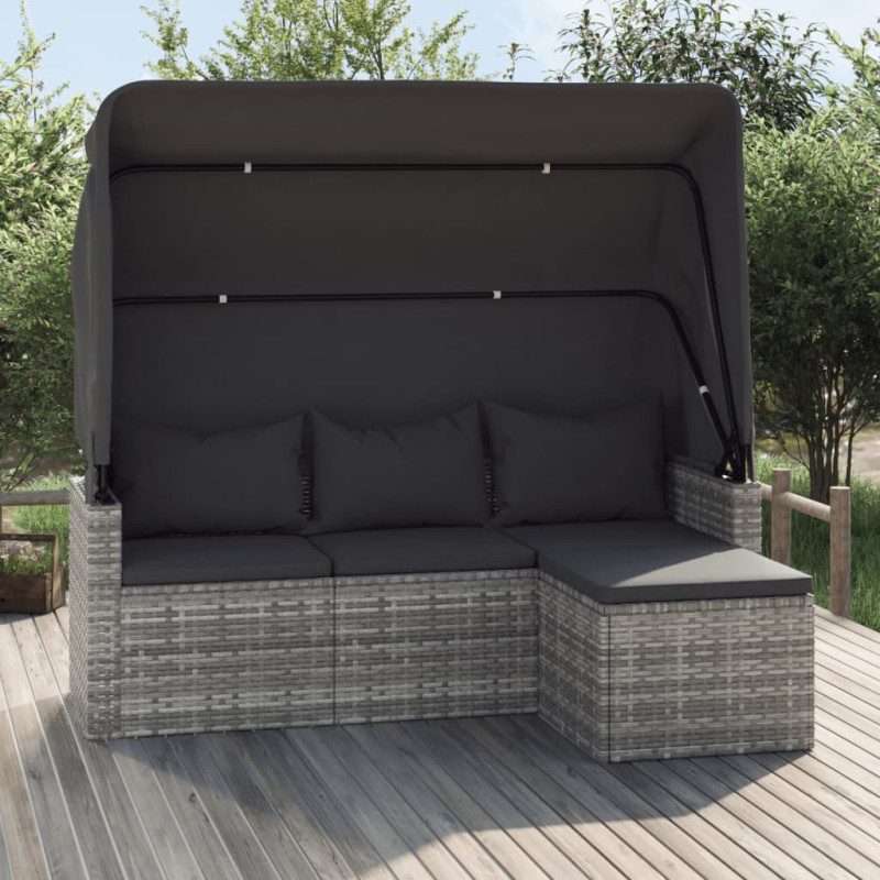 Produktbild för Trädgårdssoffa 3-sits med tak och fotpall grå konstrotting