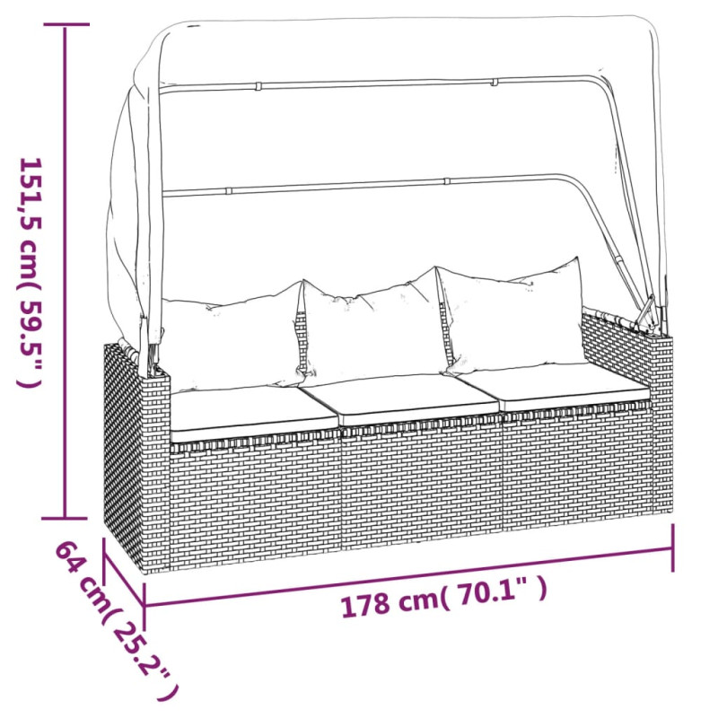 Produktbild för Trädgårdssoffa 3-sits med tak och fotpall grå konstrotting