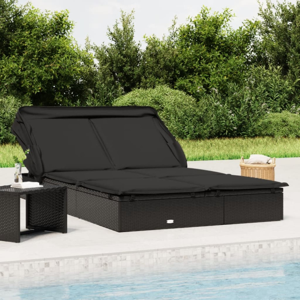 Produktbild för Solsäng med hopfällbart tak svart 213x118x97 cm konstrotting