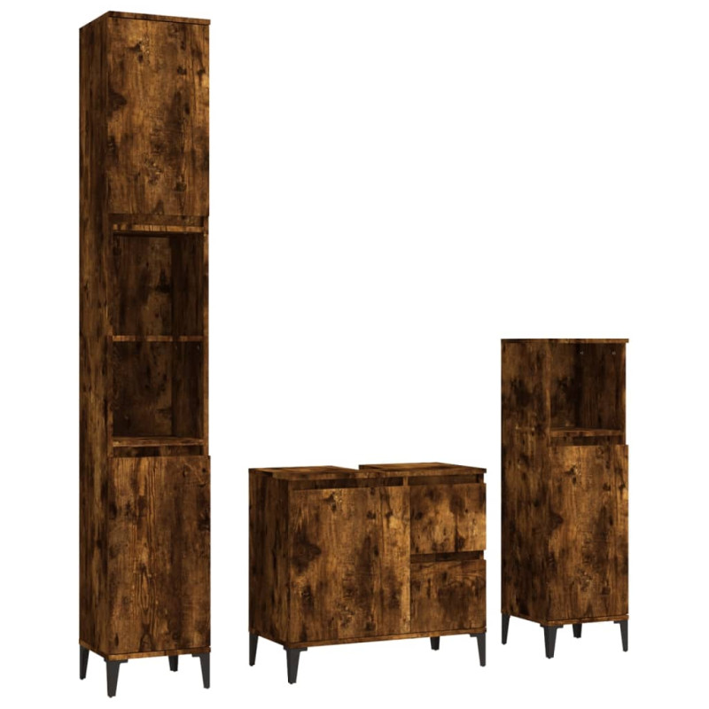 Produktbild för Badrumsmöbler set 3 delar rökfärgad ek konstruerat trä