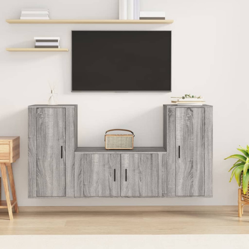 Produktbild för TV-skåp 3 delar grå sonoma konstruerat trä