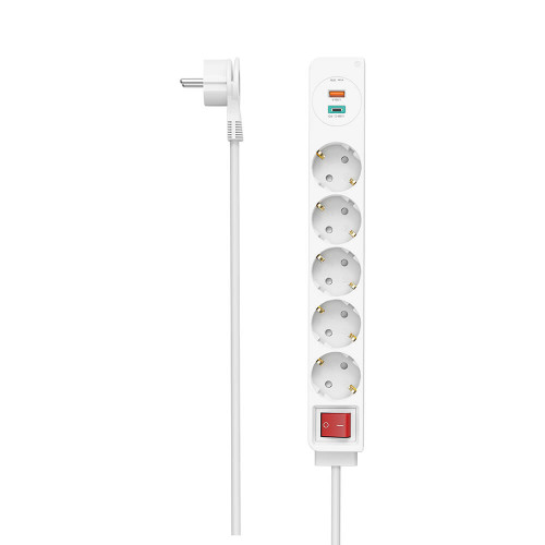 Hama Grenuttag 5-vägs + 2 USB utgångar 1.4 meter med strömbytare vit