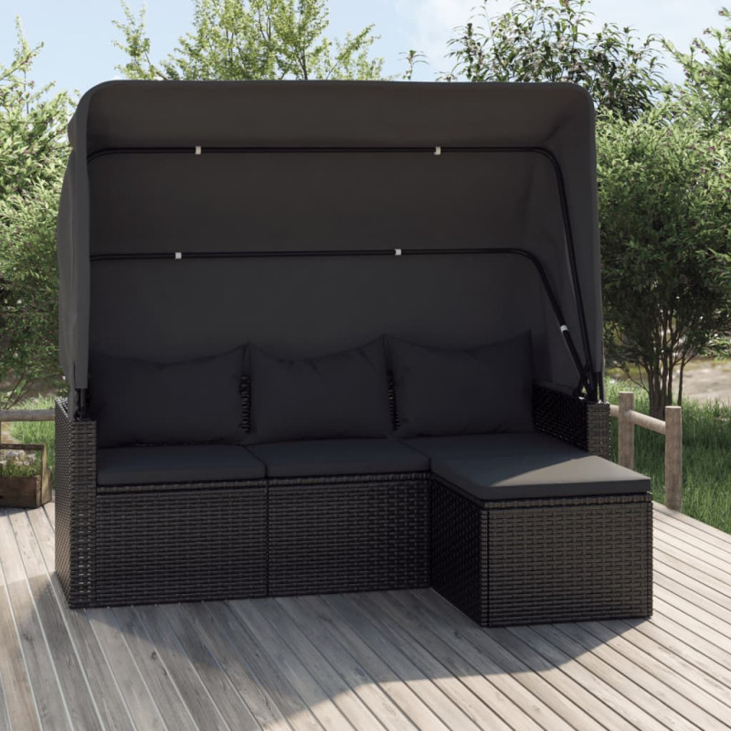 Produktbild för Trädgårdssoffa 3-sits med tak och fotpall svart konstrotting