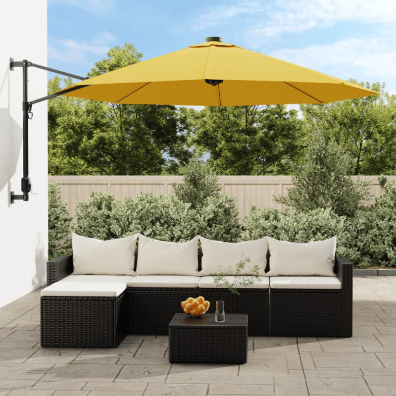 Produktbild för Väggmonterat parasoll med LED-lampor gul 290 cm