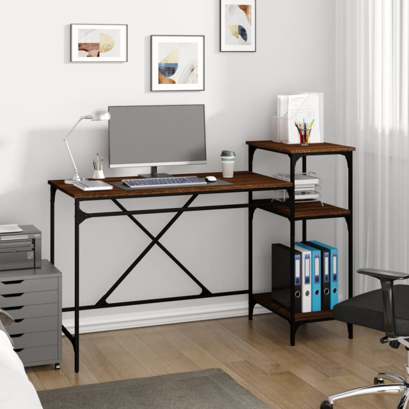 Produktbild för Skrivbord med hyllor brun ek 135x50x90 cm konstruerat trä&järn