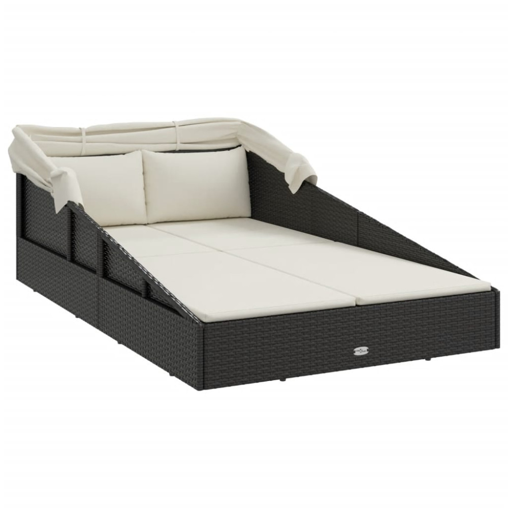Produktbild för Solsäng med hopfällbart tak svart 200x114x128 cm konstrotting