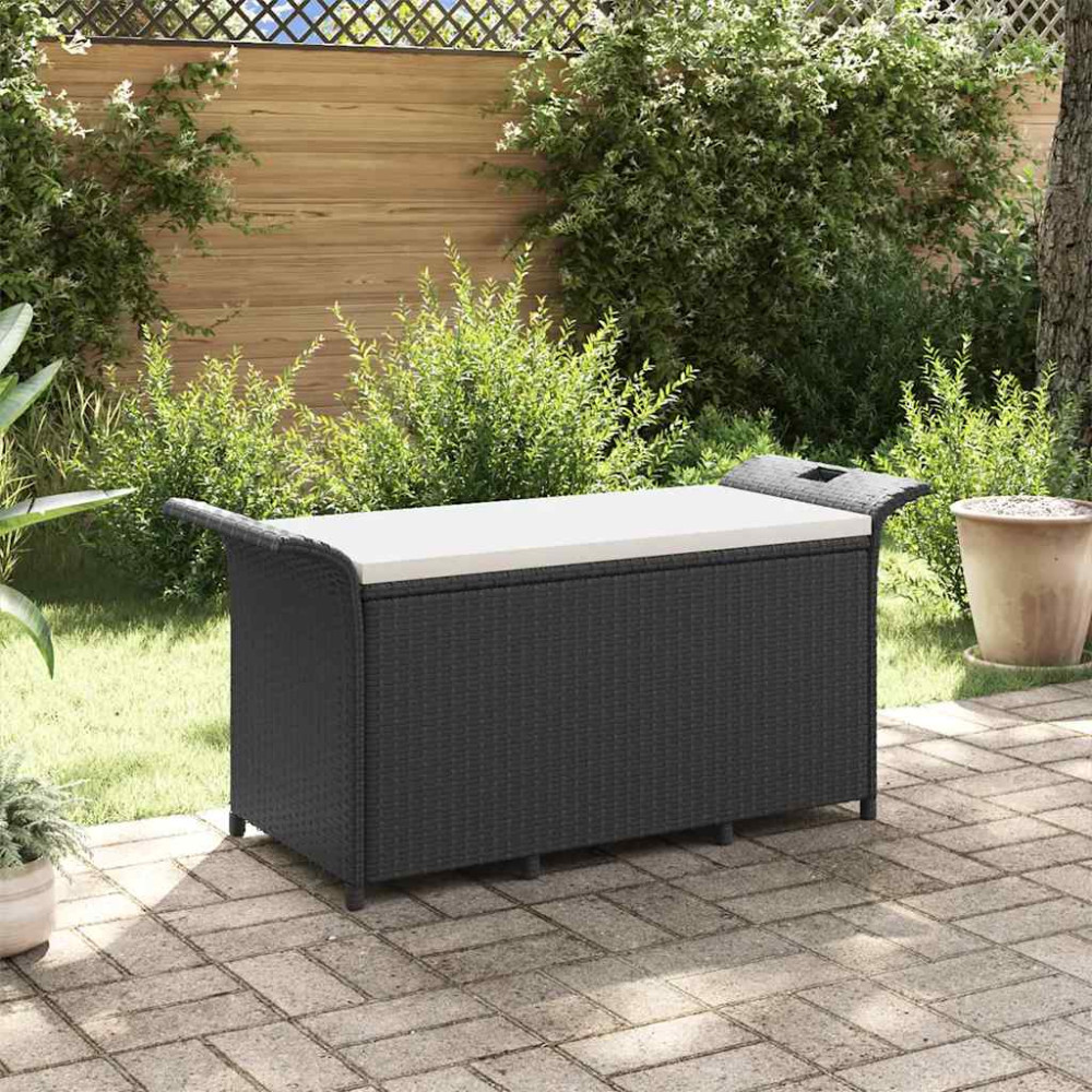 Produktbild för Trädgårdsbänk med dyna svart 116x46x57 cm konstrotting