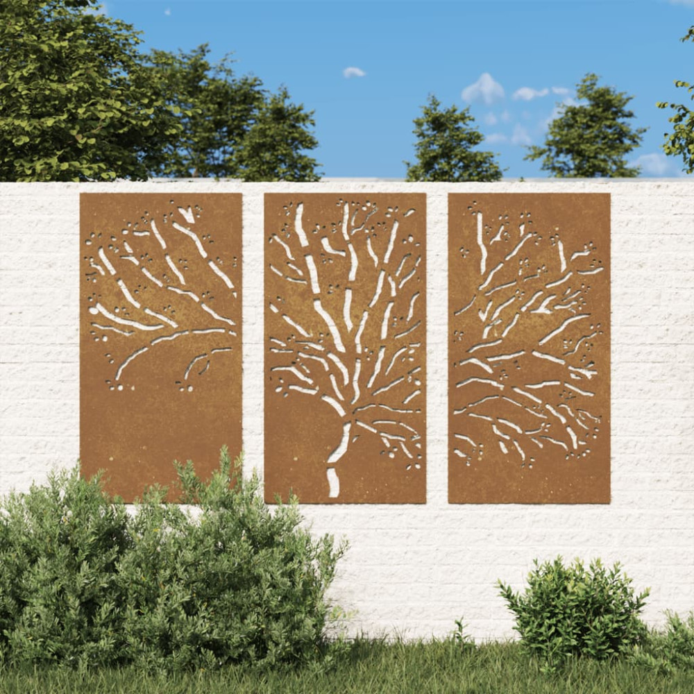 Produktbild för Väggdekorationer 3 delar 105x55 cm rosttrögt stål träddesign