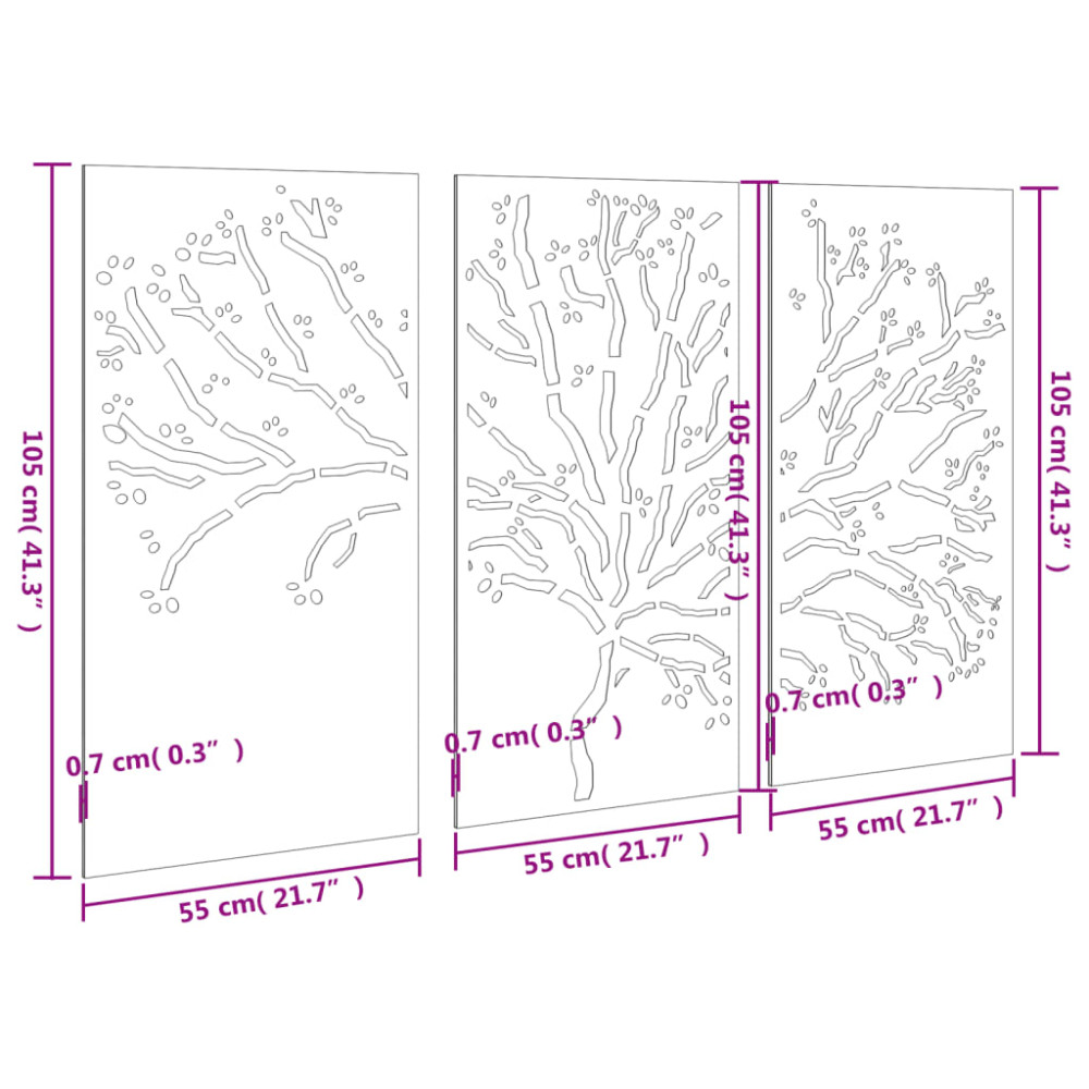 Produktbild för Väggdekorationer 3 delar 105x55 cm rosttrögt stål träddesign