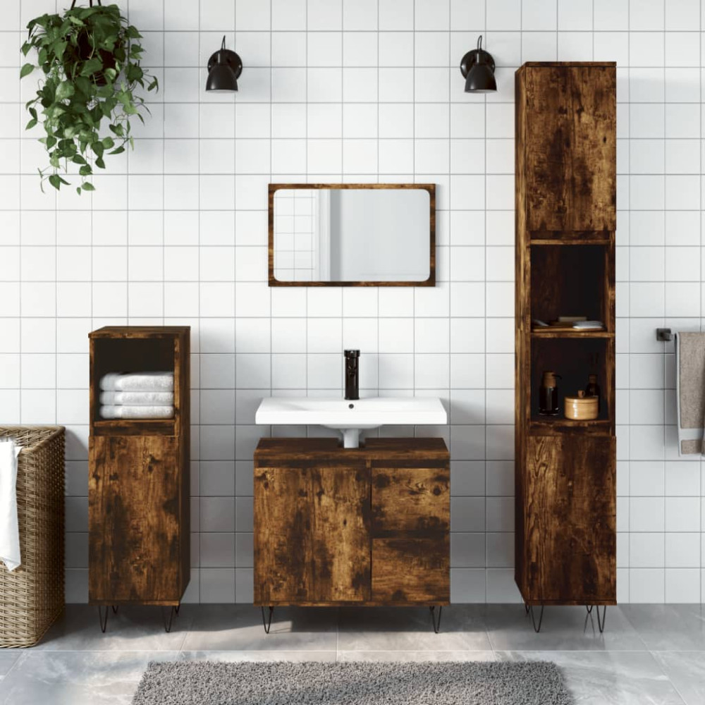 Produktbild för Badrumsskåp rökfärgad ek 30x30x190 cm konstruerat trä