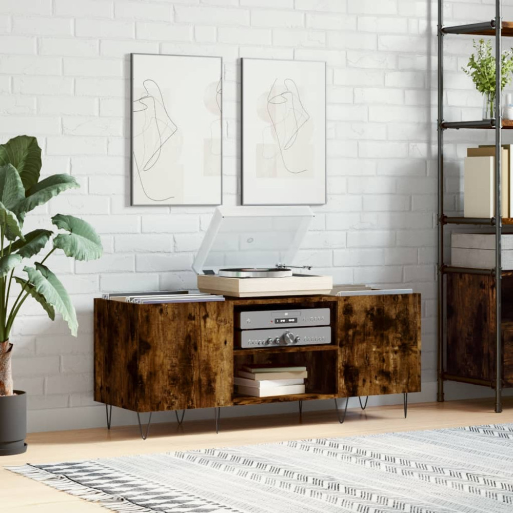 Produktbild för Stereobänk rökfärgad ek 121x38x48 cm konstruerat trä