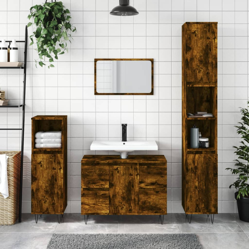 Produktbild för Badrumsskåp rökfärgad ek 80x33x60 cm konstruerat trä