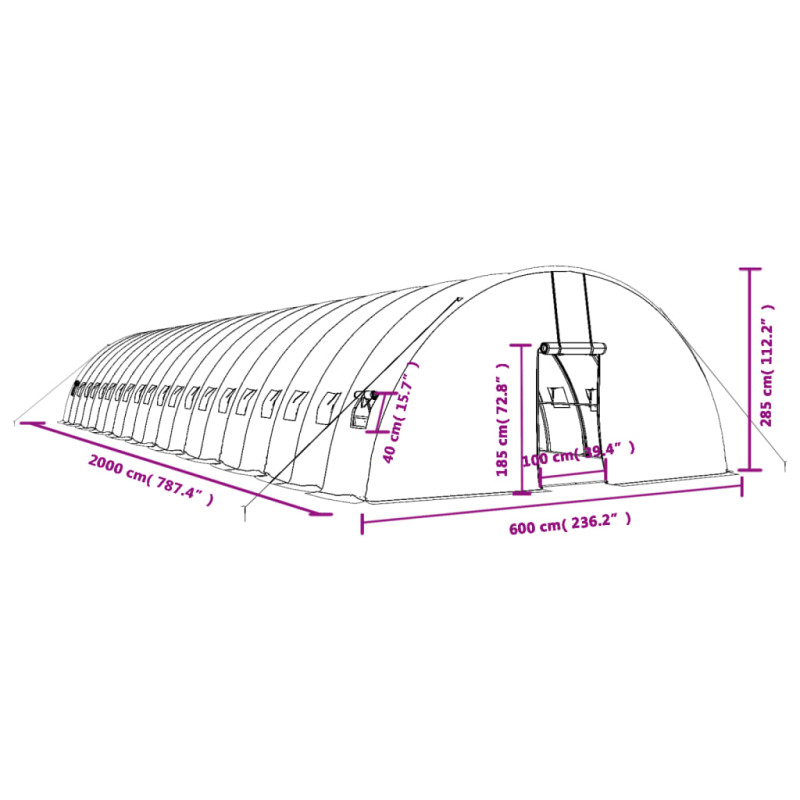 Produktbild för Växthus med stålram vit 120 m² 20x6x2,85 m