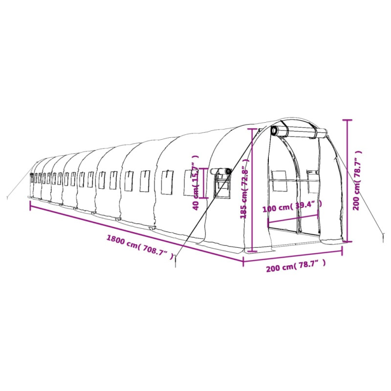 Produktbild för Växthus med stålram vit 36 m² 18x2x2 m