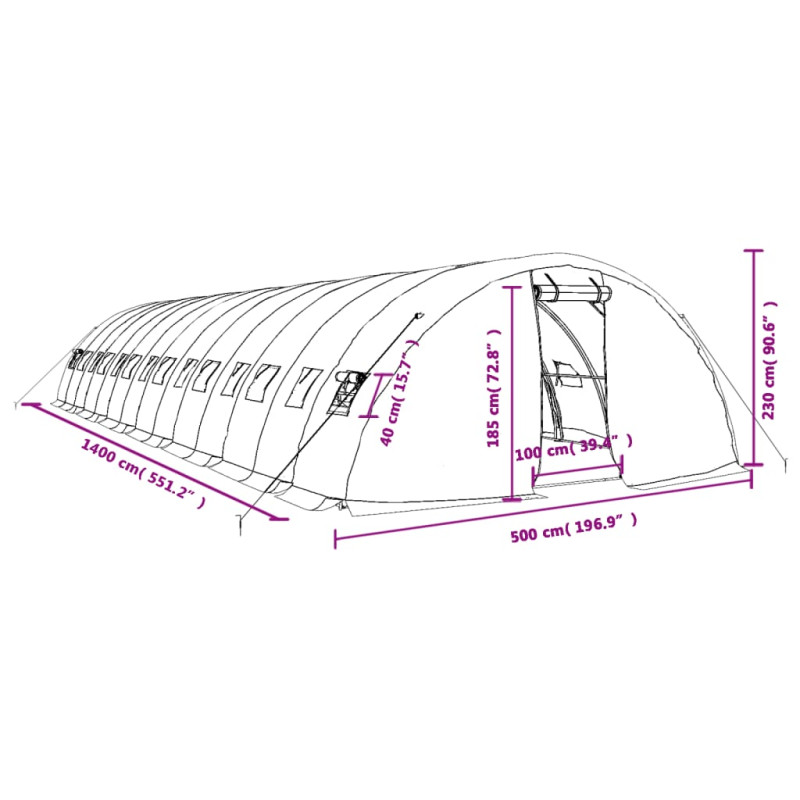 Produktbild för Växthus med stålram grön 70 m² 14x5x2,3 m