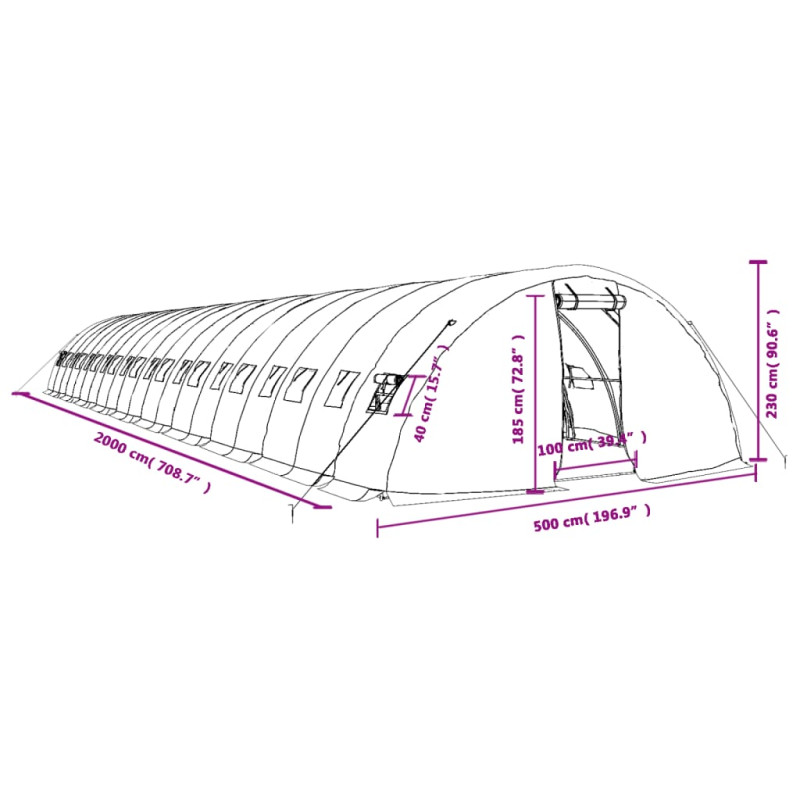 Produktbild för Växthus med stålram grön 100 m² 20x5x2,3 m