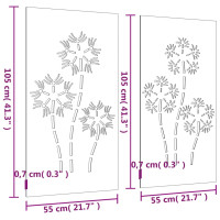 Produktbild för Väggdekorationer 2 delar 105x55cm rosttrögt stål blomdesign