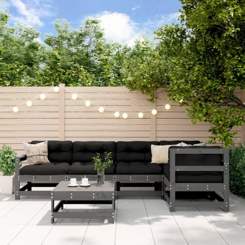 vidaXL Loungegrupp för trädgården med dynor 6 delar grå massivt trä