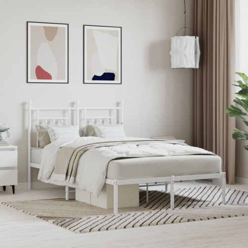 vidaXL Sängram med huvudgavel metall vit 135x190 cm