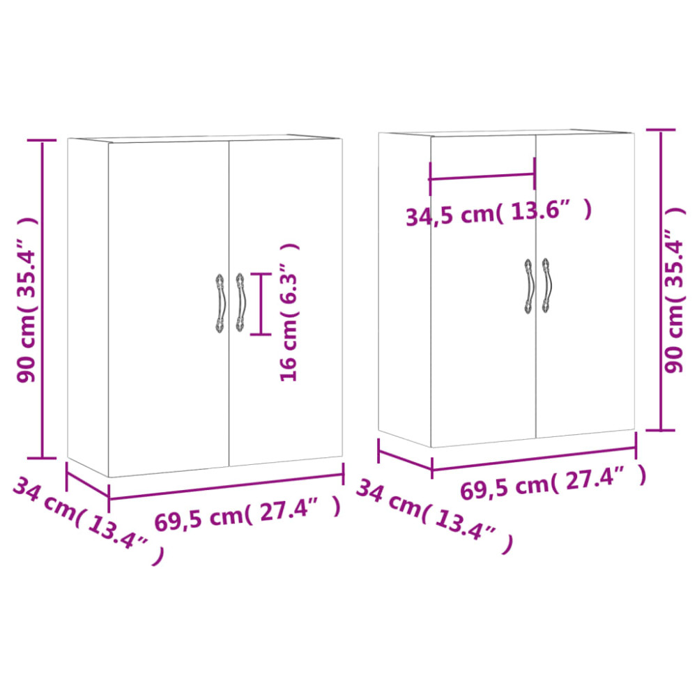 Produktbild för Väggskåp 2 st betonggrå 69,5x34x90 cm